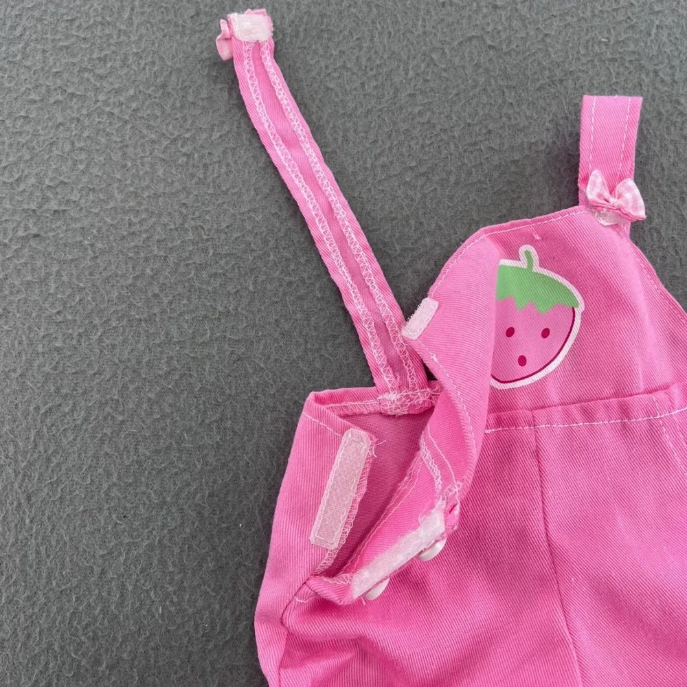 Strawberry Pink Twill Doll Overalls Gingham Trim 15-18 Inch Doll Clothes Romper